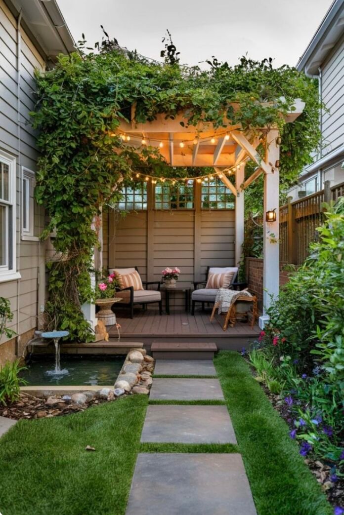 Un espace de détente extérieur avec une pergola naturellement luxuriante Un espace de détente extérieur avec une pergola naturellement luxuriante