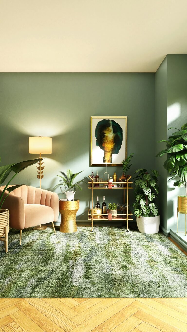 L'inspi du jour : Un espace de vie harmonieux à la couleur osée vert olive et aux accents dorés